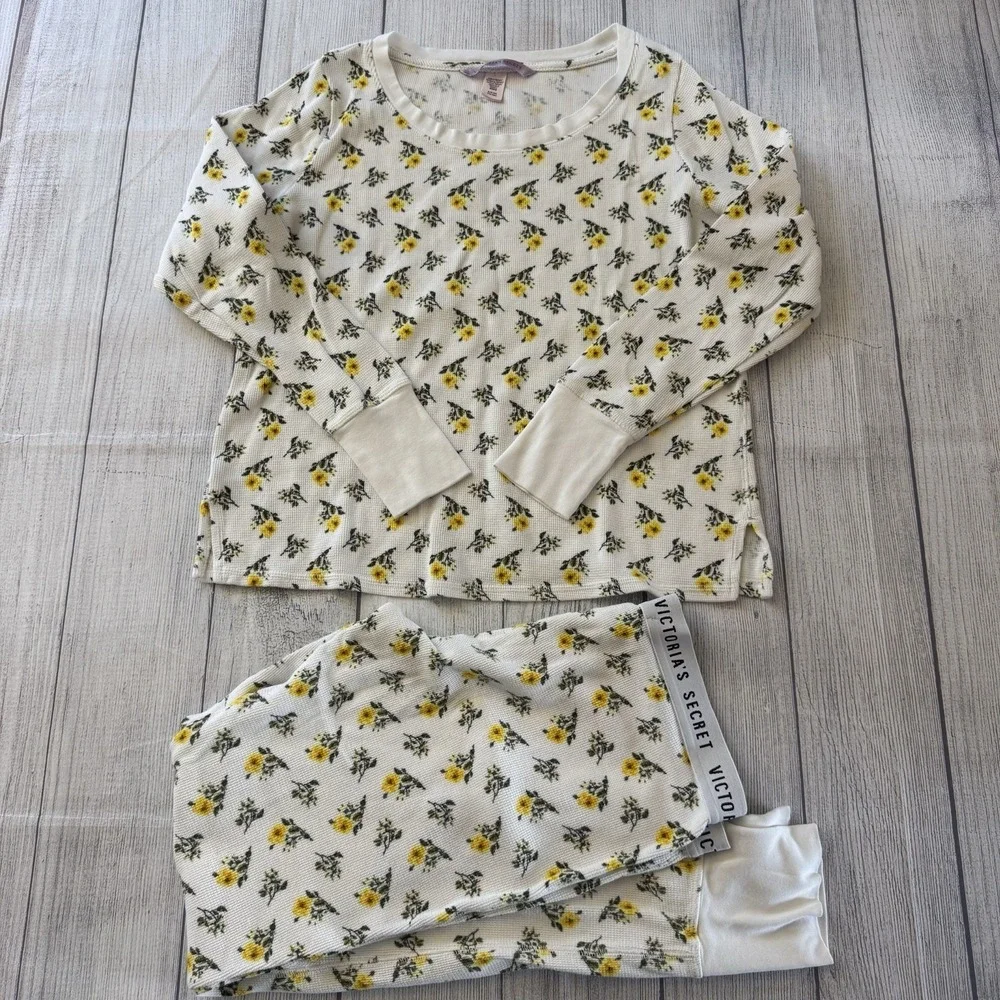 Victoria's Secret Floral Thermal Pajama Set Women's Cream Yellow Waffle Knit S